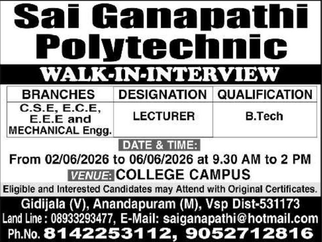 Sai Ganapathi Polytechnic Lecturer Recruitment