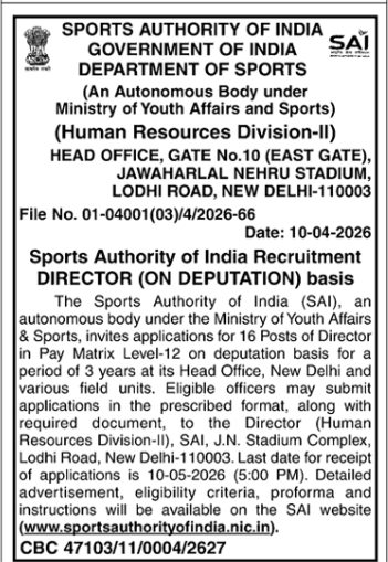 SAI Recruitment 2026: 16 Posts of Director (On Deputation)