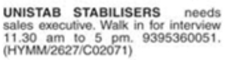 Sales Job: Unistab Stabilisers Vacancy