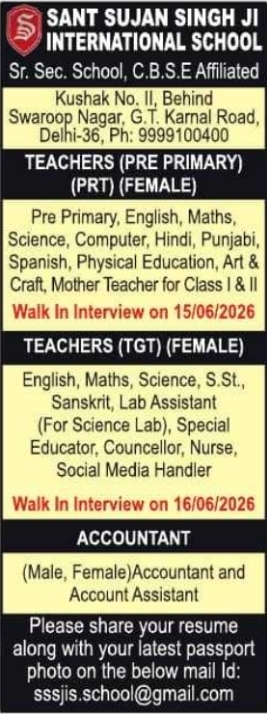 Sant Sujan Singh Ji International School Recruitment