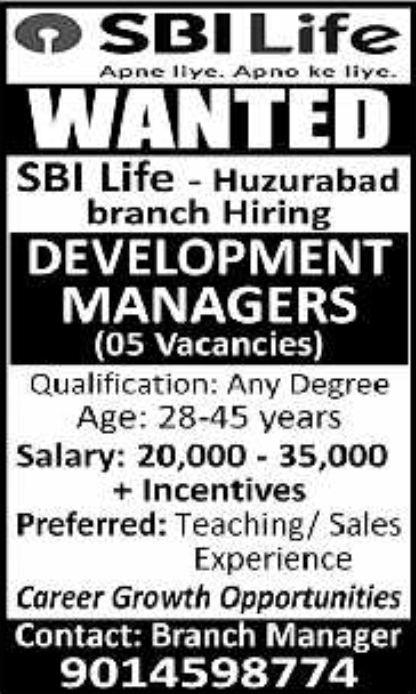 SBI Life Huzurabad: Development Manager Openings