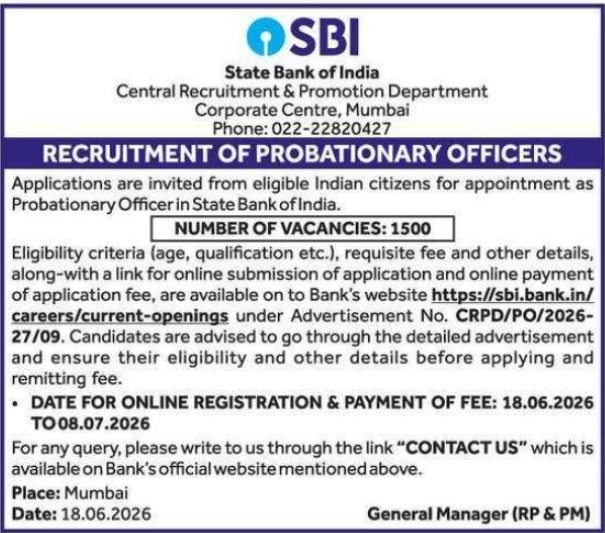 SBI Probationary Officers Recruitment Notice