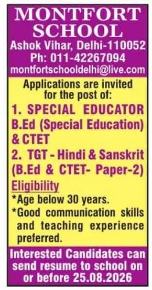 School Teaching Vacancies: Educators & Specialists at Montfort School