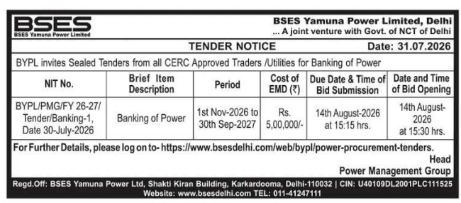 Sealed Power Banking Tender Notice by BSES Yamuna Power Limited