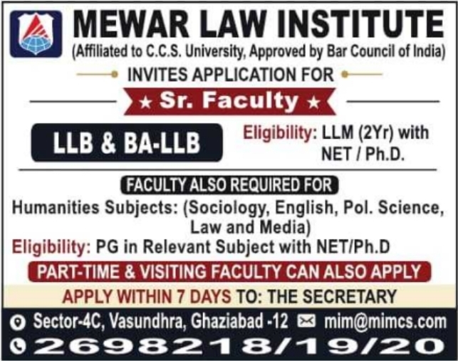 Senior Faculty Recruitment at Mewar Law Institute