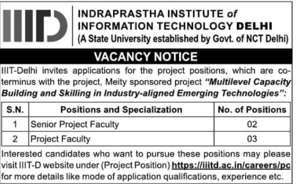 Senior Project Faculty Positions Recruitment by IIIT Delhi