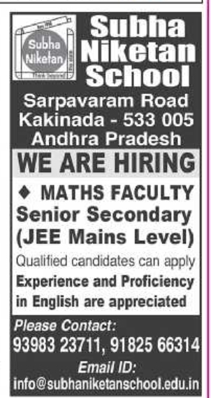 Senior Secondary Maths Faculty Job Vacancy in Kakinada