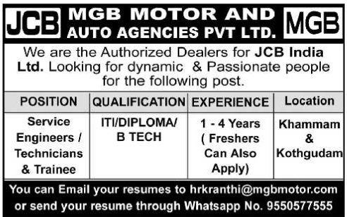 Service Engineer and Technician job Openings at MGB Motor