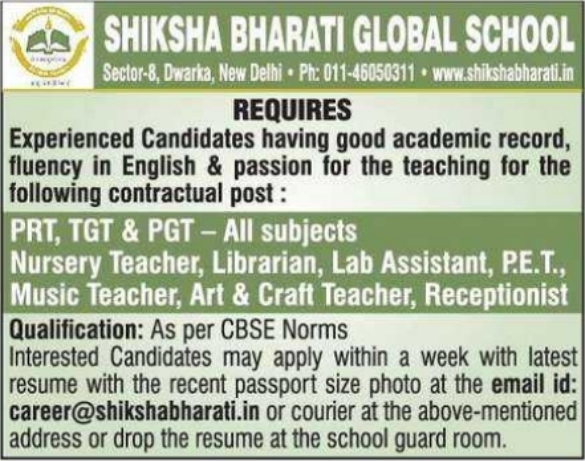 Shiksha Bharati Global School: Multiple Staff Recruitment
