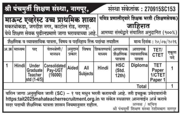 Shikshan Sevak Recruitment by Shri Panchamurti Shikshan Sanstha