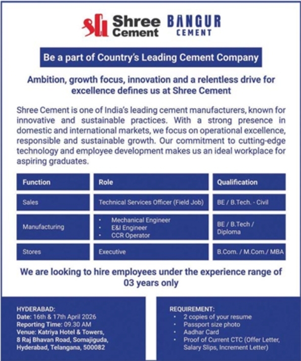 Shree Cement Recruitment Drive