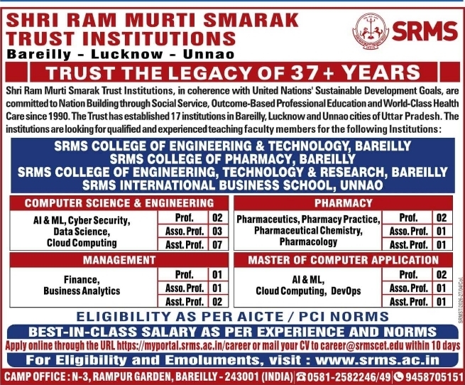 Shri Ram Murti Smarak Trust Institutions: Faculty Recruitment 2026