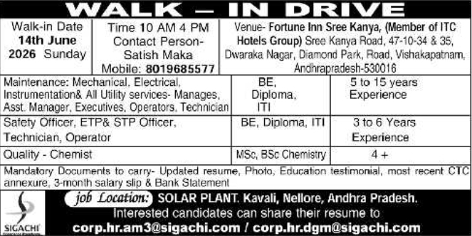 Sigachi Solar Plant Recruitment Drive