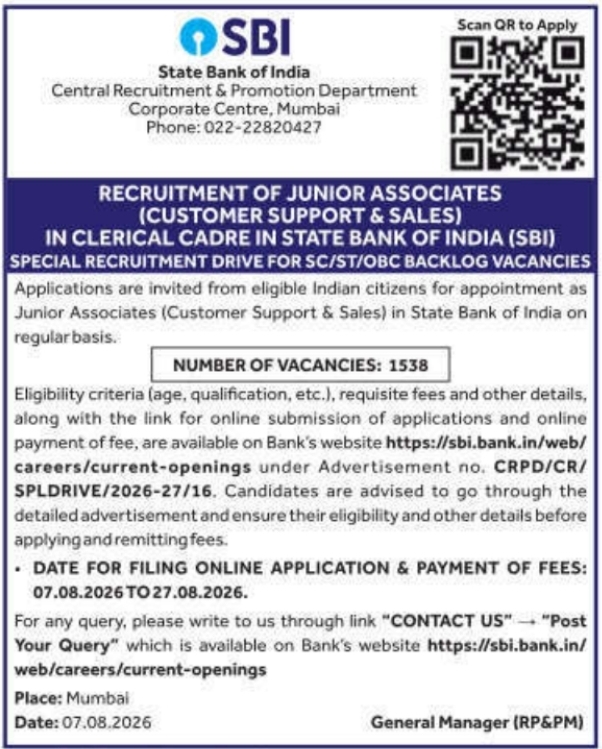 Special Recruitment Drive for Junior Associates by State Bank of India