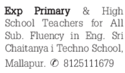 Sri Chaitanya i Techno School Teacher Recruitment