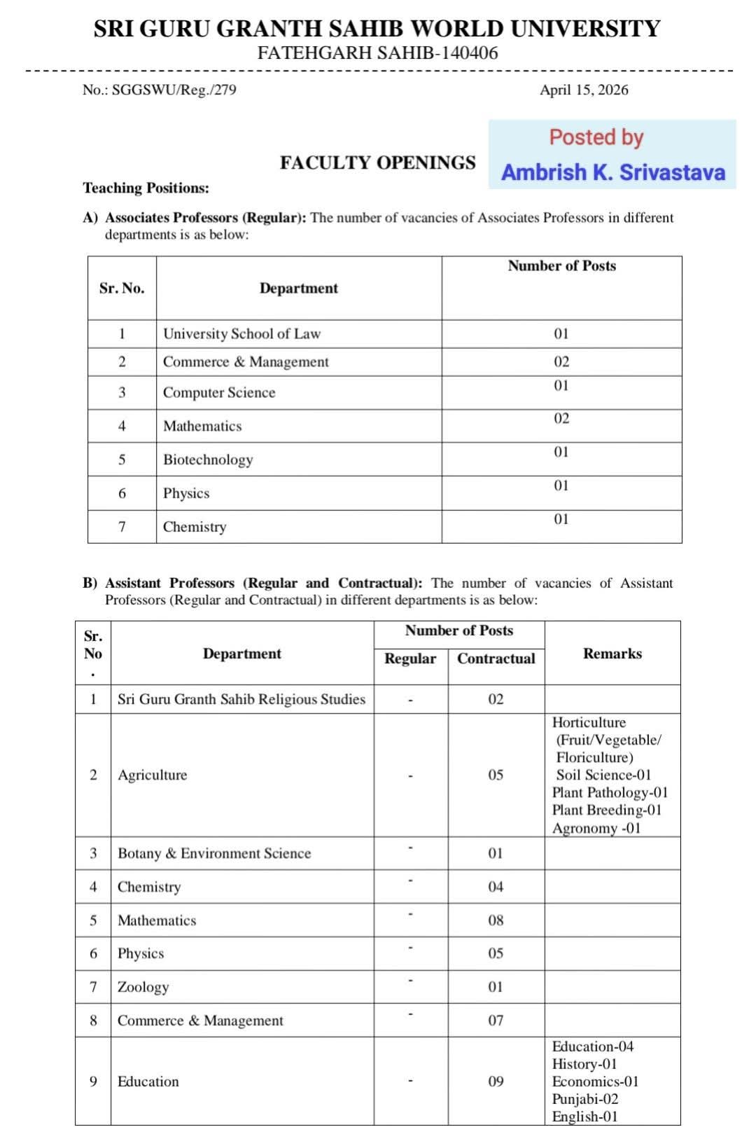 Sri Guru Granth Sahib World University: Faculty Recruitment Drive 2026