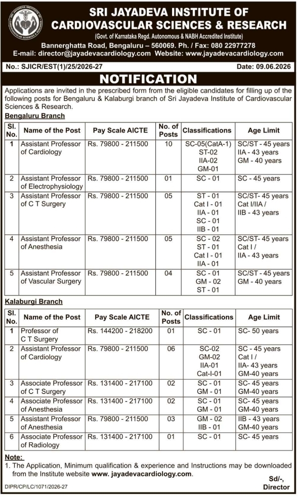 Sri Jayadeva Institute Faculty Recruitment