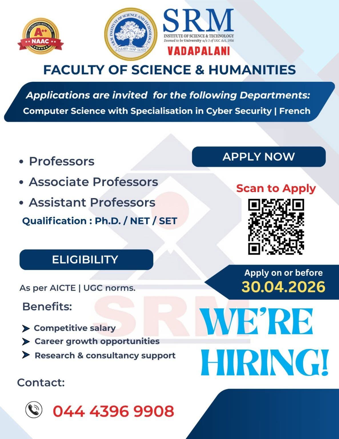 SRM Institute of Science and Technology, Vadapalani Recruitment for Faculty Positions