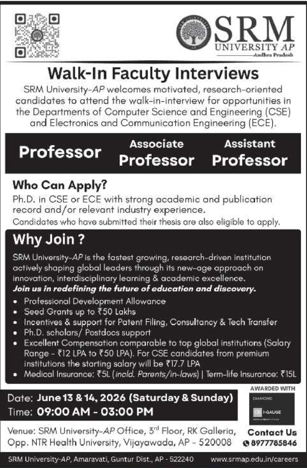 SRM University-AP 2026 Walk-In Faculty Interviews