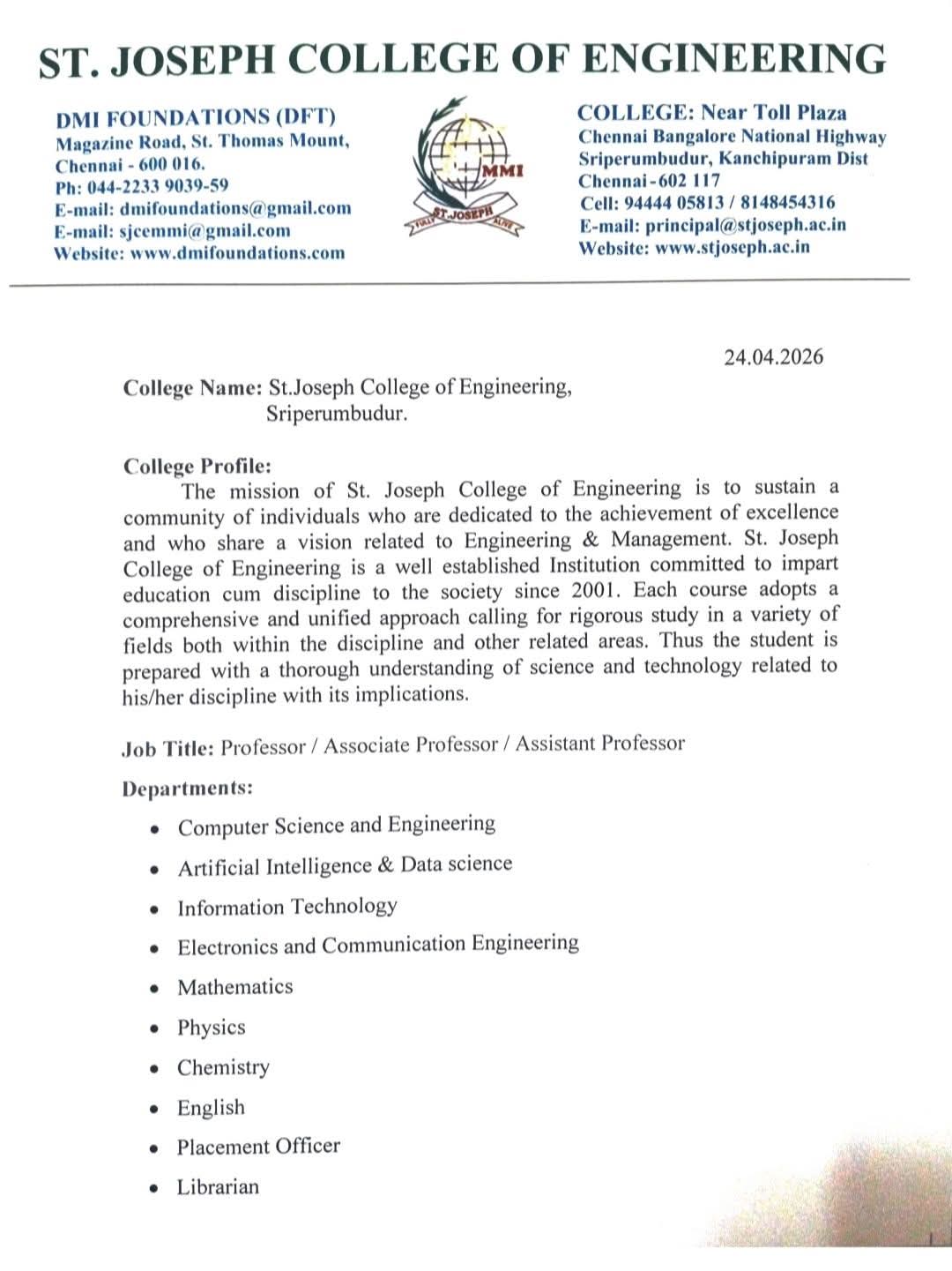 St. Joseph College of Engineering Faculty Recruitment 2026