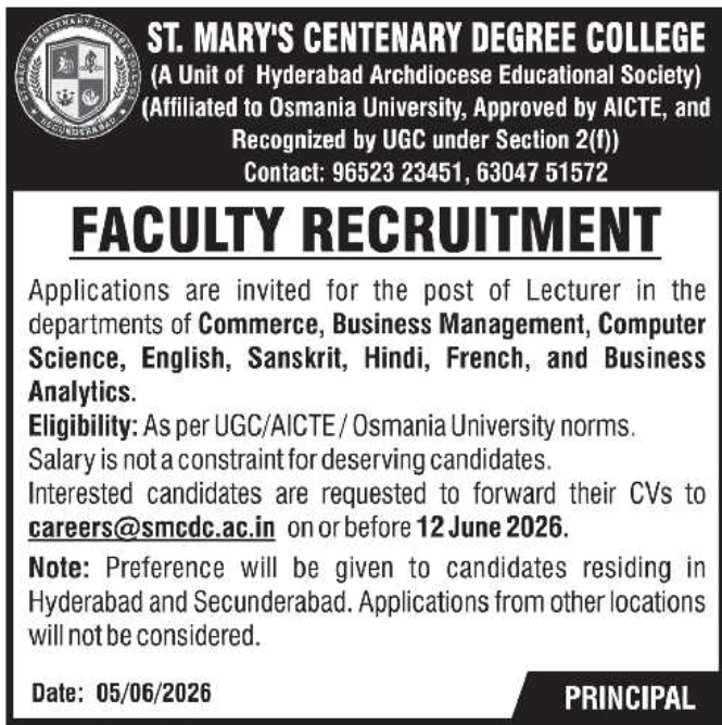 St. Mary's Centenary Degree College: Faculty Recruitment