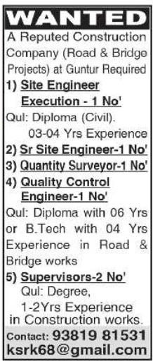 Staff Recruitment for Road & Bridge Projects in Guntur