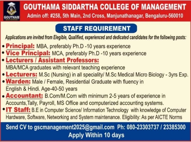 Staff Recruitment: Gouthama Siddartha College of Management