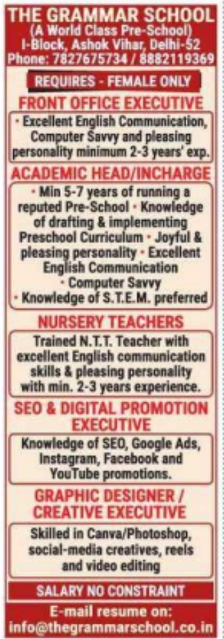 Staff Recruitment: The Grammar School Delhi