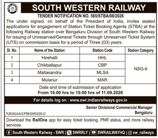 Station Ticket Booking Agent Engagement Notice by SWR