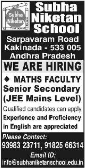 Subha Niketan School JEE Maths Faculty Vacancy in Kakinada