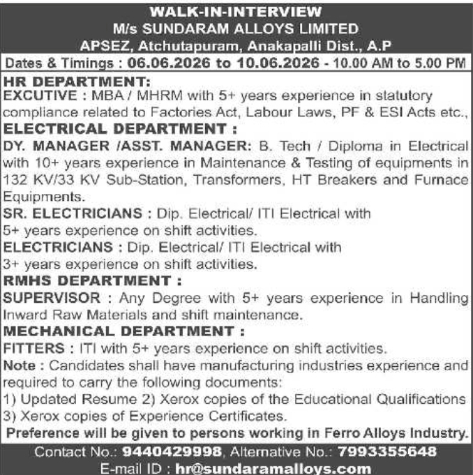 Sundaram Alloys: Multi-Department Walk-in Recruitment