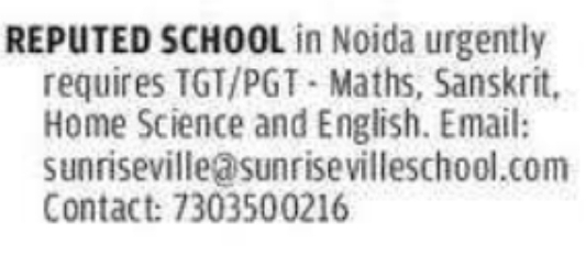 Sunriseville School: TGT & PGT Teacher Recruitment