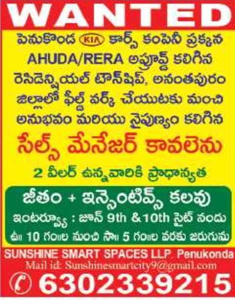 Sunshine Smart Spaces LLP: Sales Manager Wanted