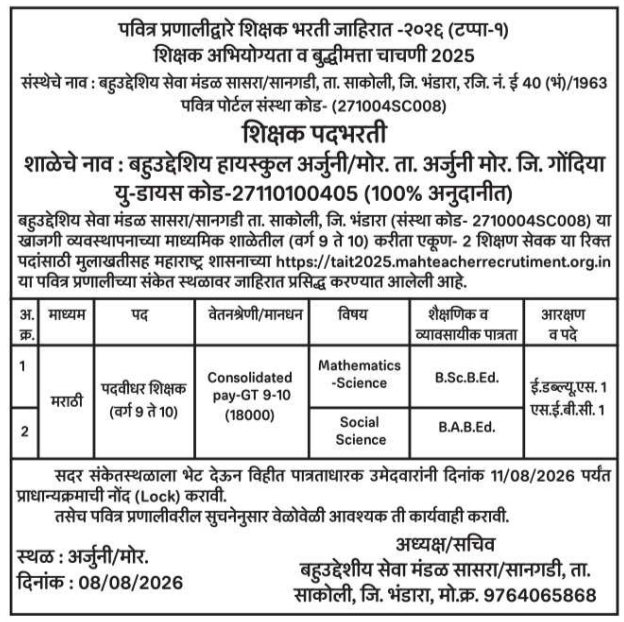 Teacher Recruitment Advertisement by Bahuuddeshiya Seva Mandal Sasra/Sanngadi