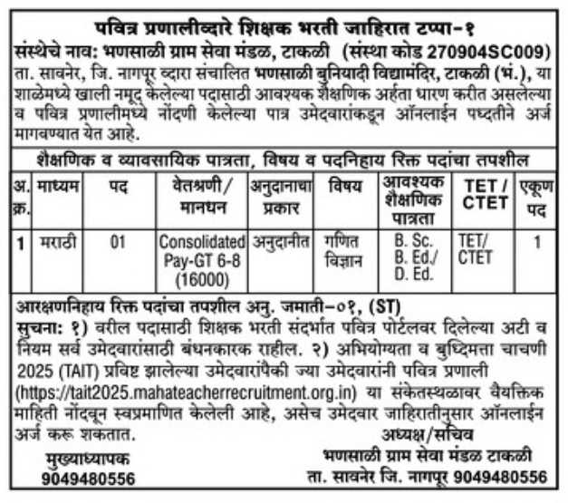 Teacher Recruitment at Bhansali Gram Seva Mandal, Takali