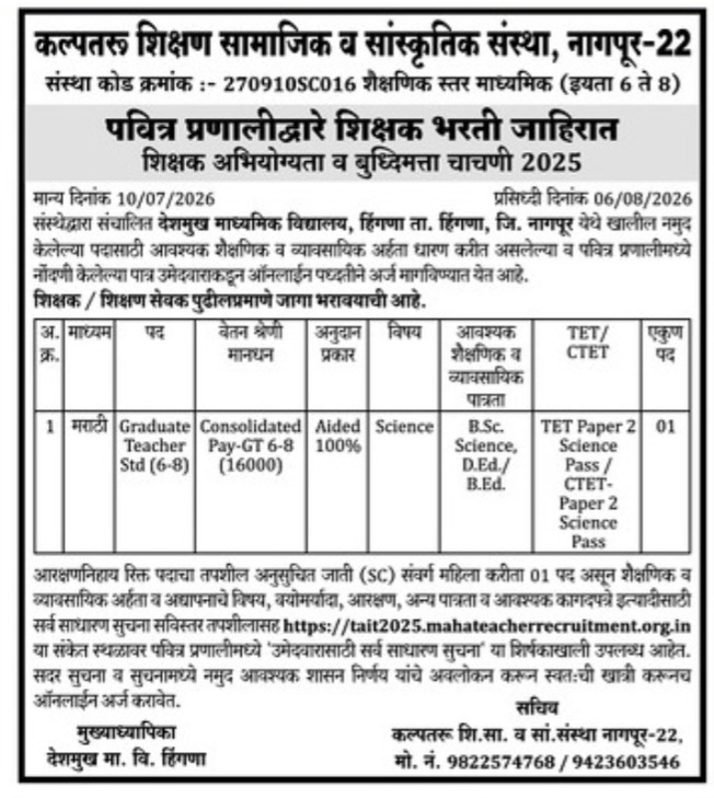 Teacher Recruitment at Kalpataru Shikshan Samajik va Sanskrutik Sanstha, Nagpur