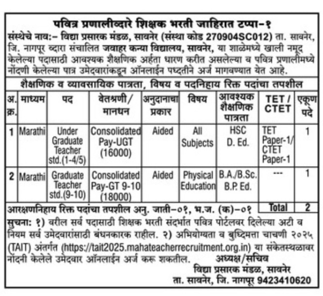Teacher Recruitment at Vidya Prasarak Mandal, Saoner