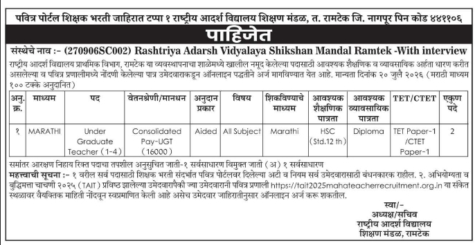 Teacher Recruitment by Rashtriya Adarsh Vidyalaya Ramtek