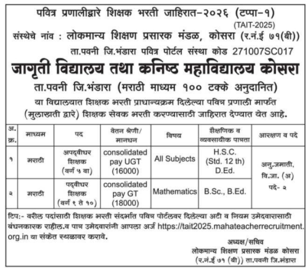 Teacher Recruitment Notification by Lokmanya Shikshan Prasarak Mandal