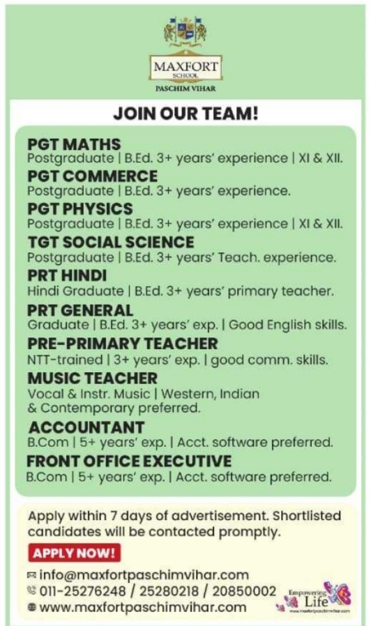 Teaching and Administrative Staff at Maxfort School Paschim Vihar