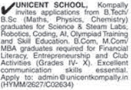 Teaching & Lab Faculty Vacancies: Unicent School