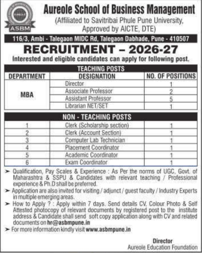 Teaching & Non-Teaching Recruitment by ASBM Pune