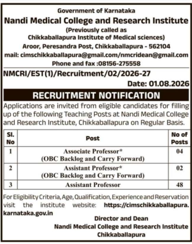 Teaching Recruitment Notice for Nandi Medical College