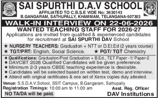 Teaching Staff Job Vacancies at Sai Spurthi D.A.V School
