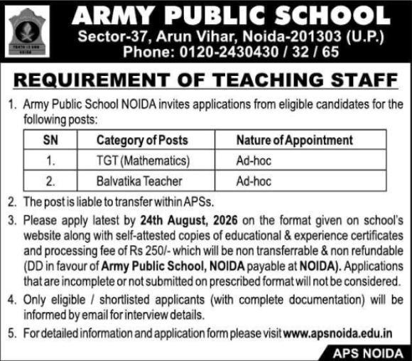 Teaching Staff Requirement by APS Noida