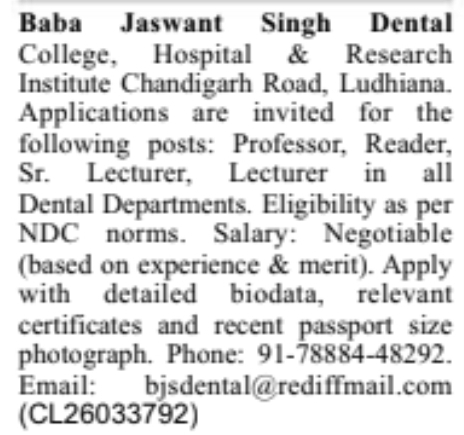 Teaching Vacancies at Baba Jaswant Singh Dental College Ludhiana