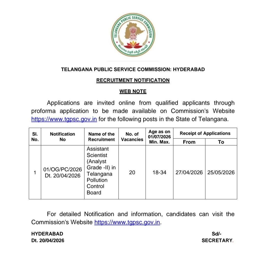 TGPSC Recruitment Notification: Assistant Scientist Positions 2026