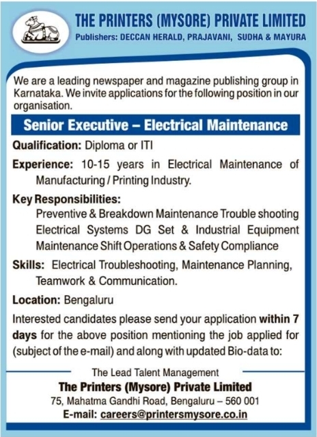 The Printers (Mysore) Senior Executive Recruitment