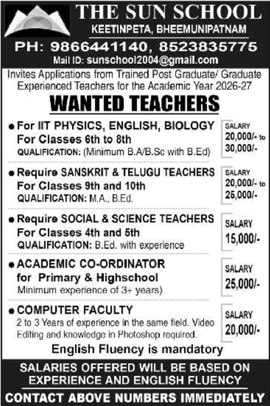 The Sun School: Teacher & Coordinator Openings