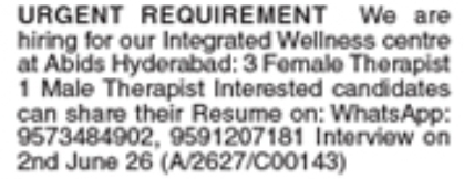 Therapist Job Vacancy in Abids, Hyderabad